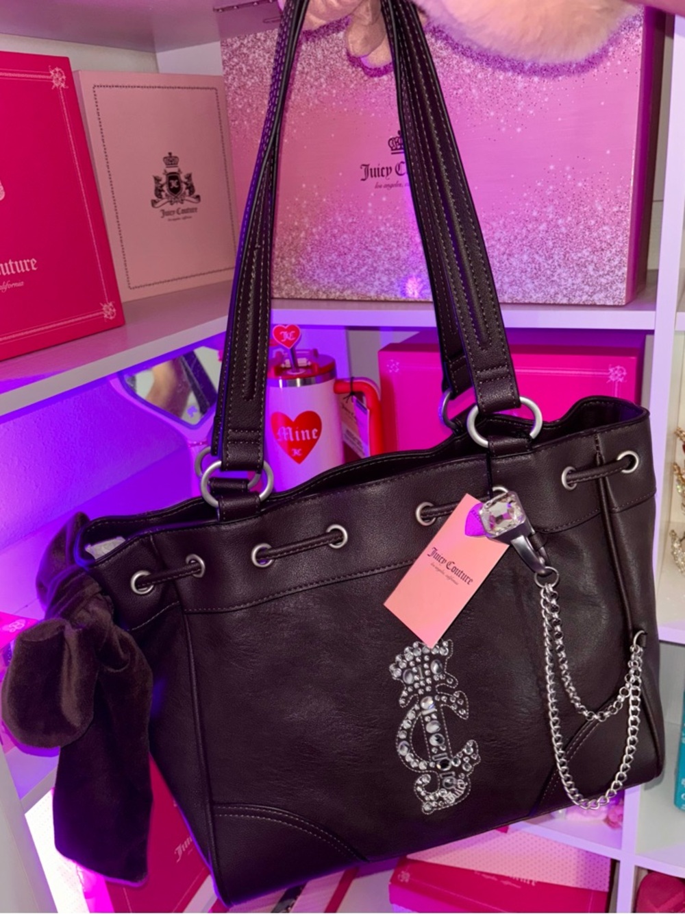 Juicy Couture Brown embellished Logo Shoulder Tote with ring chain Accent✨